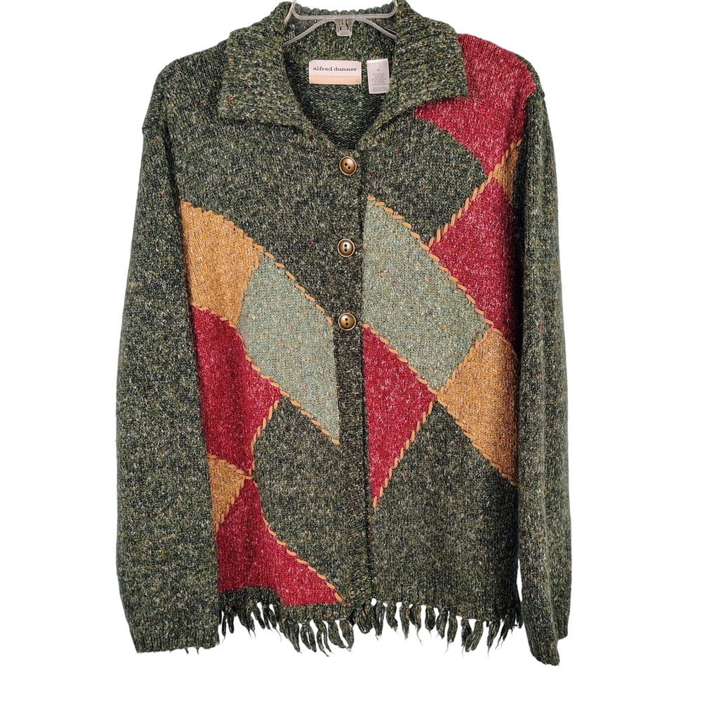 Alfred Dunner Womens 1X Cardigan Green Multicolor Geometric Fringe Boho Gorpcore